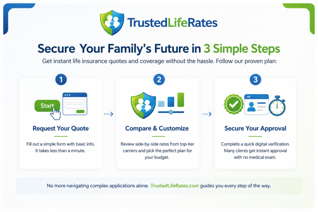 TrustedLifeRates.com infographic showing a simple 3-step process for comparing and securing life insurance coverage online